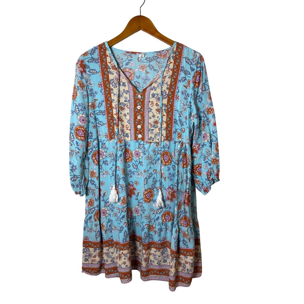 Anna-Kaci Women Mini Dress Large Blue Floral Boho Tassel Tiered Cottagecore